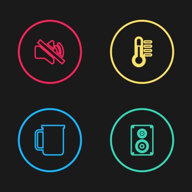 Hattı ayarla Kahve fincanı, Stereo hoparlörü, Termometre ve Hoparlör dilsiz ikonu. Vektör.