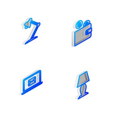 Isome hattını bozuk para, masa lambası, dizüstü bilgisayar zarfı ve simgeyle ayarla. Vektör.