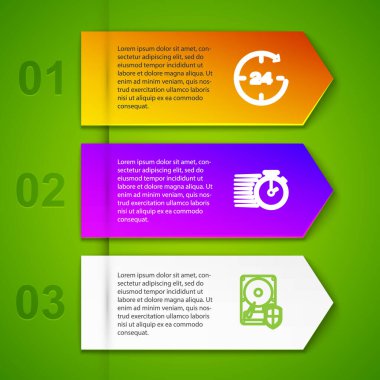 Hat saatini 24 saat, Sabit disk sürücüsünü, HDD korumasını ve alarmlı saati ayarla. Ticari bilgi şablonu. Vektör.