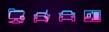 FTP ayarları dizini, elektrikli araba, notalı araba ve müzik kitabı ayarla. Parlayan neon ikonu. Vektör.