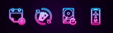 Satır finans takvimi, para iadesi, saat yönünde sabit disk sürücüsü ve Uçuş modu cep telefonu ayarla. Parlayan neon ikonu. Vektör.