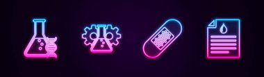 DNA araştırması, arama, biyomühendislik, bandaj ve kan testli pano ayarlayın. Parlayan neon ikonu. Vektör.