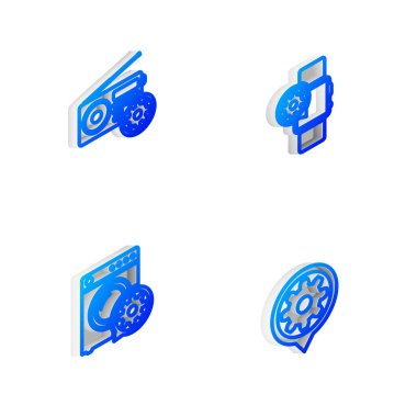 Isometric hattı Smartwatch ayarını, Radyo, Yıkama ve Ayarlama simgesini ayarla. Vektör.