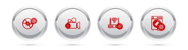 Satır CD veya DVD disk ayarları, Video kamera, Router ve Wi-Fi ve Yıkama. Gümüş halka düğmesi. Vektör.