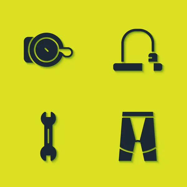 Set Campana Para Bicicletas Pantalones Cortos Ciclismo Llave Inglesa Icono — Vector de stock