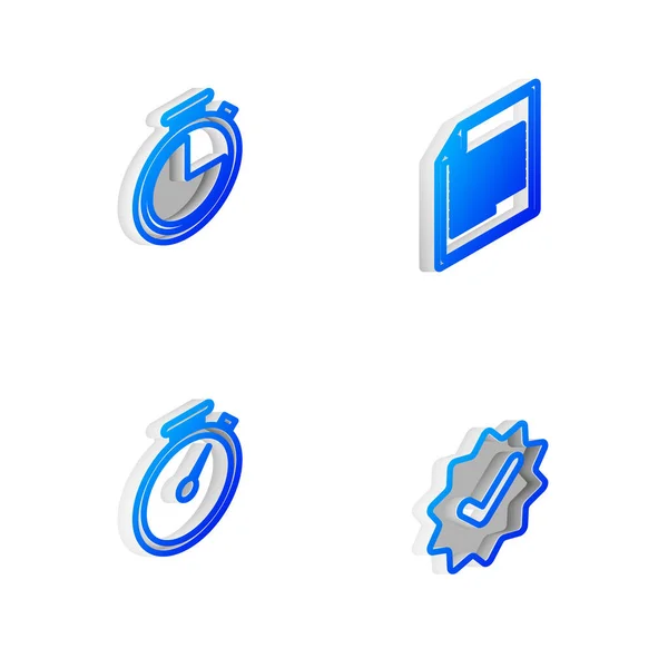 Establecer Documento Línea Isométrica Cronómetro Aprobado Marca Verificación Icono Vector — Vector de stock