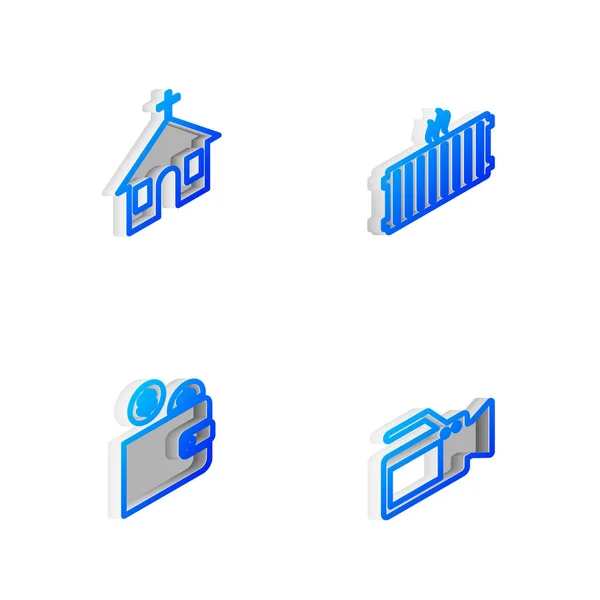 アイソメトリックライン加熱ラジエーター 教会の建物 コインとシネマカメラのアイコンと財布を設定します ベクトル — ストックベクタ