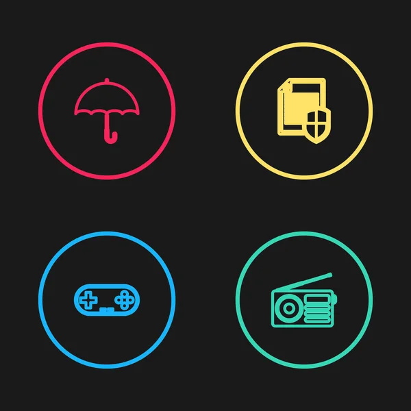 Stel Lijn Gamepad Radio Document Bescherming Paraplu Pictogram Vector — Stockvector