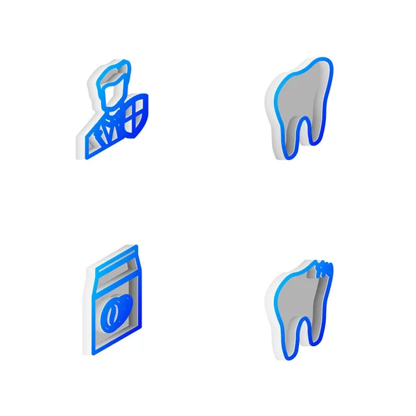 Установите Изометрическую Линию Зуб Защита Озила Фасоль Кофе Пакете Значок — стоковый вектор