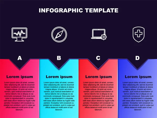 Impostare Linea Monitor Con Cardiogramma Rosa Dei Venti Computer Portatile — Vettoriale Stock