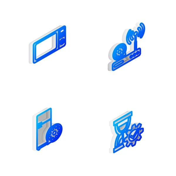 Set Isometric Line Router Setting Microwave Oven Refrigerator Hourglass Icon — Stock Vector