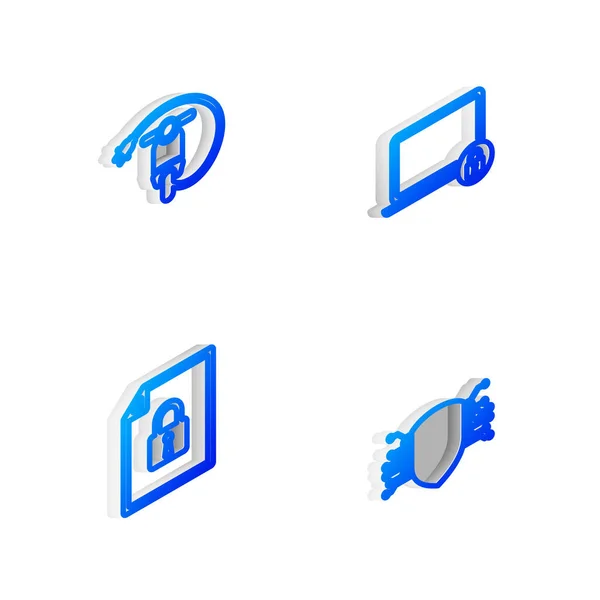 Définir Isometric Ligne Ordinateur Portable Serrure Scooter Électrique Document Icône — Image vectorielle