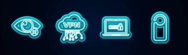 Satırı görünmez ya da gizli olarak ayarla, Cloud VPN arayüzü, şifreli dizüstü bilgisayar ve lütfen rahatsız etmeyin. Parlayan neon ikonu. Vektör.