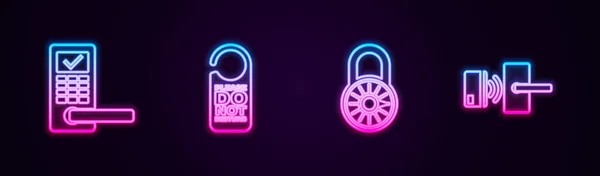 设置线数字门锁与无线 请不要打扰 安全组合轮和 发光的霓虹灯图标 — 图库矢量图片