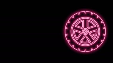 Parlak neon çizgili araba tekerleği simgesi siyah arkaplanda izole edildi. 4K Video hareketli grafik canlandırması