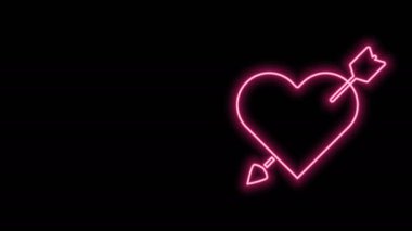 Siyah zemin üzerinde izole edilmiş kalp ve ok ikonu olan parlak neon çizgi Amour sembolü. Aşk işareti. Sevgililer Günü sembolü. 4K Video hareketli grafik canlandırması