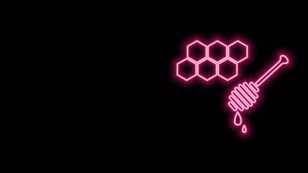 Ligne fluo brillante nid d'abeille avec icône de bâton de trempette au miel isolé sur fond noir. Chérie louche. Symbole des cellules de miel. Nourriture naturelle douce. Animation graphique de mouvement vidéo 4K — Video