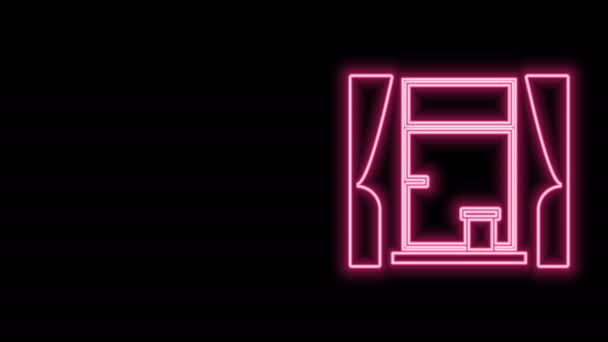Linea al neon luminosa Finestra con tende nell'icona della stanza isolata su sfondo nero. Animazione grafica 4K Video motion — Video Stock