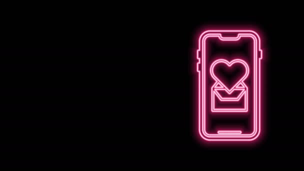 Λαμπερό νέον γραμμή Κινητό τηλέφωνο με το εικονίδιο καρδιά απομονώνονται σε μαύρο φόντο. Ημέρα του Αγίου Βαλεντίνου. 4K Γραφική κίνηση κίνησης βίντεο — Αρχείο Βίντεο