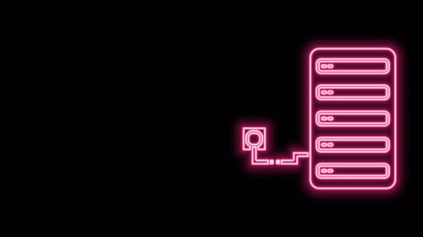 Ikona serveru zářící neonovou linií izolovaná na černém pozadí. Nastavení aplikace, servisní koncept, možnosti nastavení, údržba, opravy, opravy. Grafická animace pohybu videa 4K — Stock video