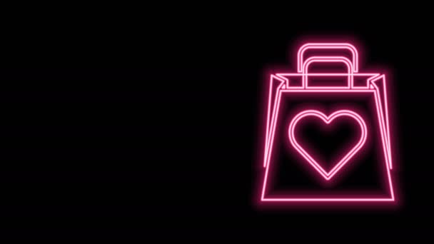 Glowing neon line Shopping bag with heart icon isolated on black background. Shopping bag shop love like heart icon. Valentines day symbol. 4K Video motion graphic animation — Stock Video