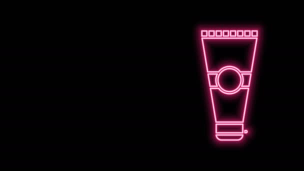 Linha de néon brilhante Creme ou loção ícone tubo cosmético isolado no fundo preto. Produtos de cuidados com o corpo para homens. Animação gráfica em movimento de vídeo 4K — Vídeo de Stock