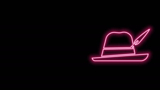Brillante línea de neón Oktoberfest sombrero icono aislado sobre fondo negro. Sombrero de cazador con pluma. Sombrero alemán. Animación gráfica de vídeo 4K — Vídeos de Stock