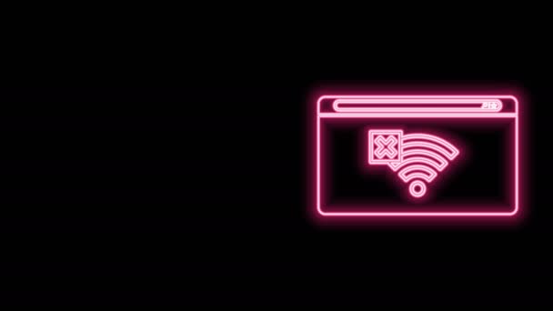 Glowing neon line No Internet connection icon isolated on black background. No wireless wifi or sign for remote internet access. 4K Video motion graphic animation — Stock Video