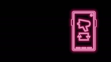 Parlayan neon hattı kelimeyi yay, megafon cep telefonu simgesi siyah arkaplanda izole. 4K Video hareketli grafik canlandırması