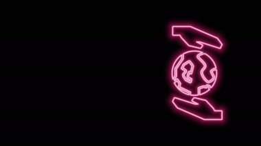 Parlayan neon hattı. Dünya 'nın simgesini tutan insan elleri siyah arkaplanda izole edilmiş. Dünya kavramını sakla. 4K Video hareketli grafik canlandırması