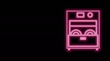 Parlayan neon hattı mutfak bulaşık makinesi simgesi siyah arka planda izole edildi. 4K Video hareketli grafik canlandırması
