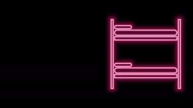 Parlayan neon çizgisi Bunk yatak simgesi siyah arkaplanda izole edildi. 4K Video hareketli grafik canlandırması