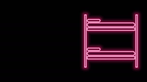Glödande neon linje Bunk säng ikon isolerad på svart bakgrund. 4K Video motion grafisk animation — Stockvideo