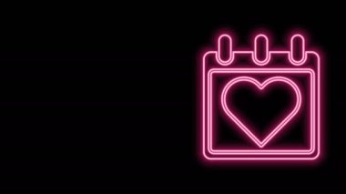 Siyah zemin üzerinde kalp simgesi olan parlak neon çizgisi takvimi. Sevgililer Günü. Aşk sembolü. 14 Şubat. 4K Video hareketli grafik canlandırması