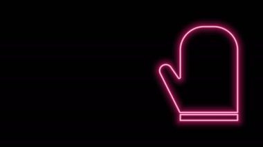 Parlayan neon hattı fırın simgesi siyah arkaplanda izole edildi. Mutfak tutacağı işareti. Yemek eldiveni. 4K Video hareketli grafik canlandırması