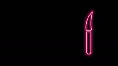 Parlayan neon çizgili bıçak simgesi siyah arkaplanda izole edildi. Çatal bıçak sembolü. 4K Video hareketli grafik canlandırması