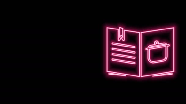 Glowing neon line Cookbook icon isolated on black background. Cooking book icon. Recipe book. Fork and knife icons. Cutlery symbol. 4K Video motion graphic animation — Stock Video
