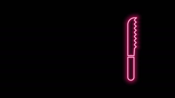 Leuchtendes neonfarbenes Brotmesser-Symbol isoliert auf schwarzem Hintergrund. Bestecksymbol vorhanden. 4K Video Motion Grafik Animation — Stockvideo