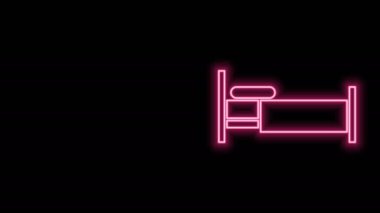 Parlayan neon çizgisi yatak simgesi siyah arkaplanda izole edildi. 4K Video hareketli grafik canlandırması