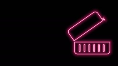 Parlayan neon hattı beslenme çantası simgesi siyah arkaplanda izole edildi. 4K Video hareketli grafik canlandırması