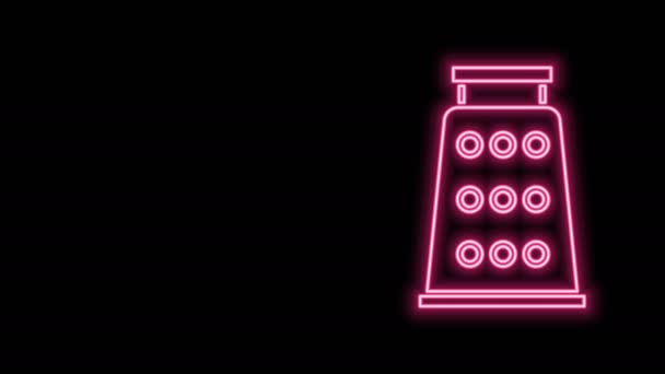 Icona luminosa al neon linea Grattugia isolato su sfondo nero. Simbolo della cucina. Utensile da cucina. Segno di posate. Animazione grafica 4K Video motion — Video Stock