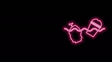 Parlayan neon hattı. Siyah arka planda izole edilmiş okyanus ikonu kirliliği sorunu. Çöpler, plastikler, denizdeki poşetler. 4K Video hareketli grafik canlandırması