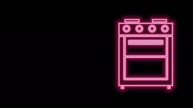 Parlayan neon hattı fırın simgesi siyah arkaplanda izole edildi. Fırın tabelası. 4K Video hareketli grafik canlandırması
