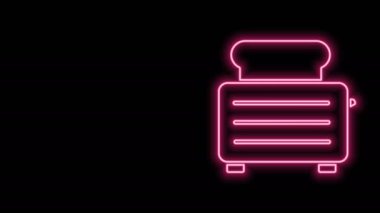 Siyah arkaplanda izole edilmiş tost simgesiyle parlayan neon hattı tost makinesi. 4K Video hareketli grafik canlandırması