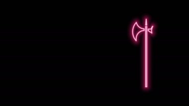 Parlayan neon hattı Ortaçağ Halberd simgesi siyah arkaplanda izole edildi. Ortaçağ silahı. 4K Video hareketli grafik canlandırması