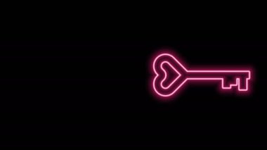 Parlayan neon çizgisi Anahtar kalp şeklindeki simge siyah arkaplanda izole edildi. Sevgililer Günü sembolü. 4K Video hareketli grafik canlandırması