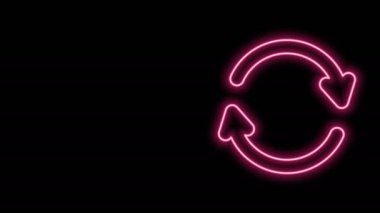 Parlayan neon hattı yenileme simgesi siyah arkaplanda izole edildi. Sembolü yeniden yükle. Döndürme okları daire işareti şeklinde. 4K Video hareketli grafik canlandırması