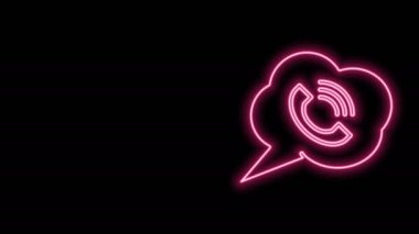 Parlak neon hattı konuşma balonu ve siyah arka planda izole edilmiş bir arama ikonu. 4K Video hareketli grafik canlandırması