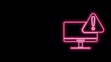 Siyah zemin üzerinde ünlem işareti simgesi olan parlak neon hattı bilgisayar monitörü. Uyarı mesajı akıllı telefon uyarısı. 4K Video hareketli grafik canlandırması