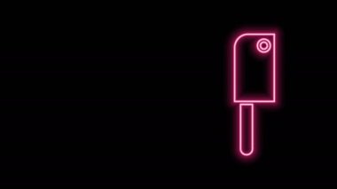 Parlayan neon hattı Et Helikopteri simgesi siyah arkaplanda izole edildi. Et için mutfak bıçağı. Kasap bıçağı. 4K Video hareketli grafik canlandırması